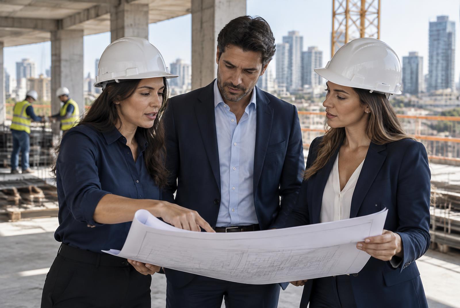 Profissionais analisando um projeto de construção financiado